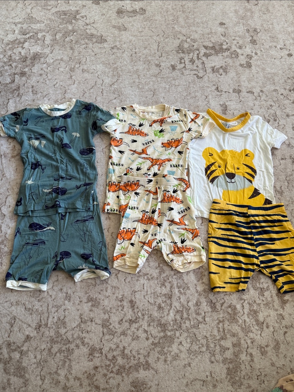 Toddler Short-Sleeve Pajama Set Trio - Green Whale, Cream Dino, Yellow Tiger